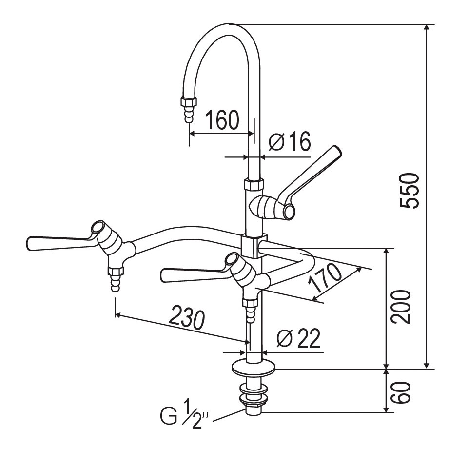 Тройной лабораторный кран для холодной воды Stegler KV-3-550 (латунь, высота 550 мм)