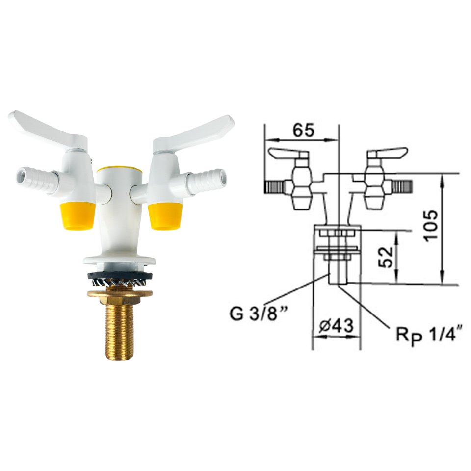 Двойной газовый лабораторный кран Stegler KG-2-105 (литая медь, высота 105 мм, угловой)